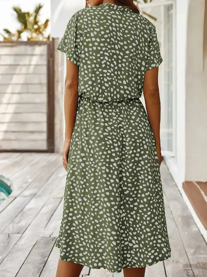Animal Print Collared Short Sleeve Drawstring Midi Shirt Dress 4