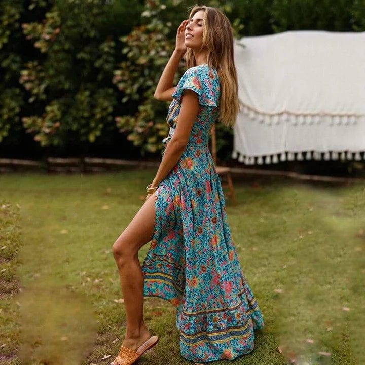 Floral Print V-Neck Flutter Sleeve Wrap High Split Ruffle Maxi Dress 3
