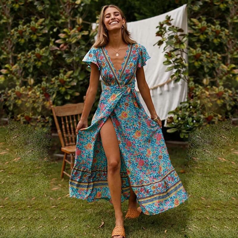 Floral Print V-Neck Flutter Sleeve Wrap High Split Ruffle Maxi Dress