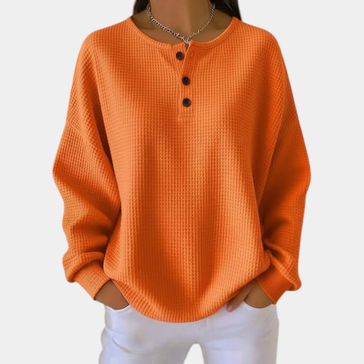 Waffle Knit Button Henley Long Sleeve Sweater