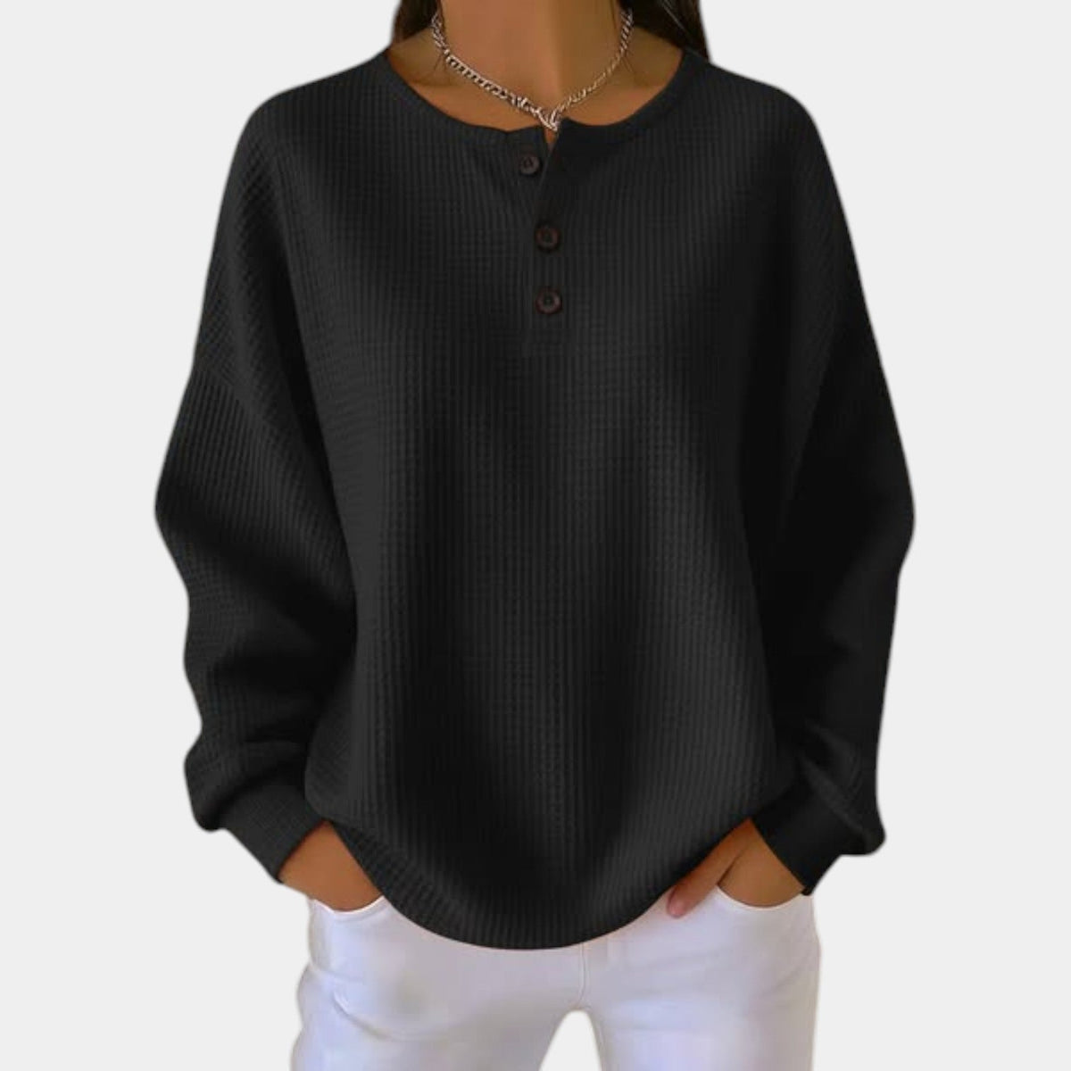 Waffle Knit Button Henley Long Sleeve Sweater 3