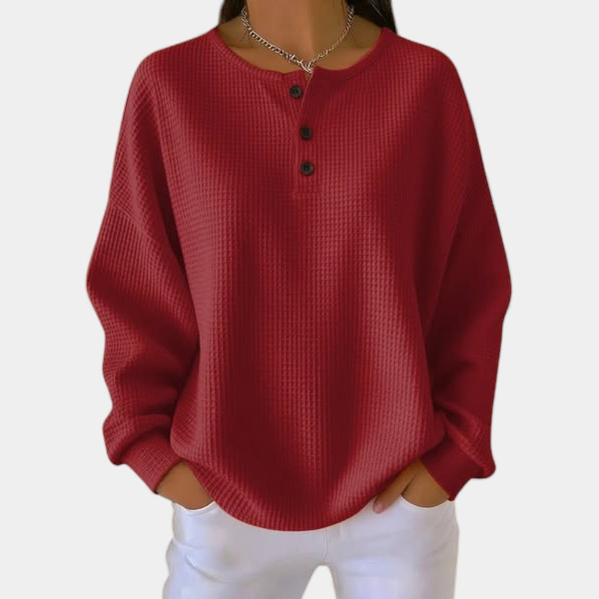 Waffle Knit Button Henley Long Sleeve Sweater 2