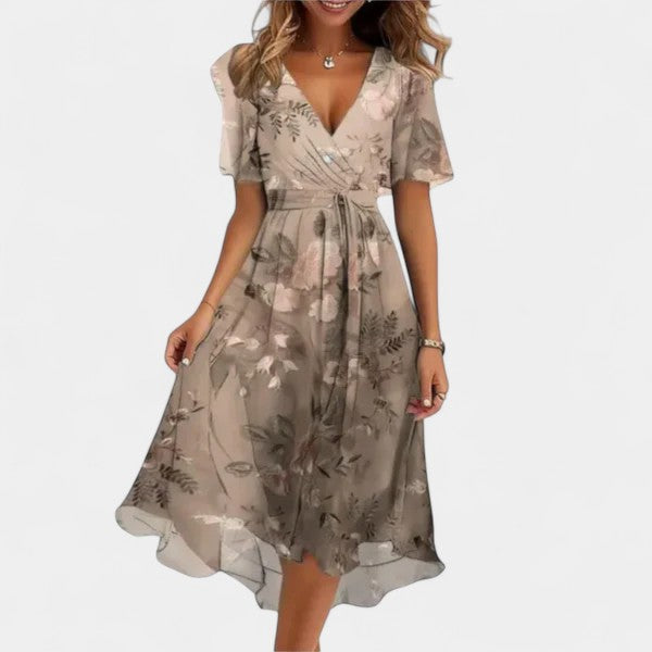 Floral Deep V-Neck Flutter Sleeve Fit and Flare Midi Dress 2