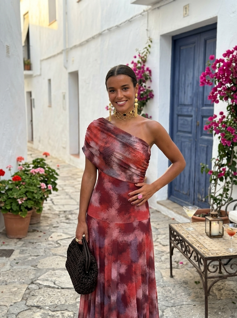 Abstract Print Chiffon One Shoulder Ruched Maxi Gown 9