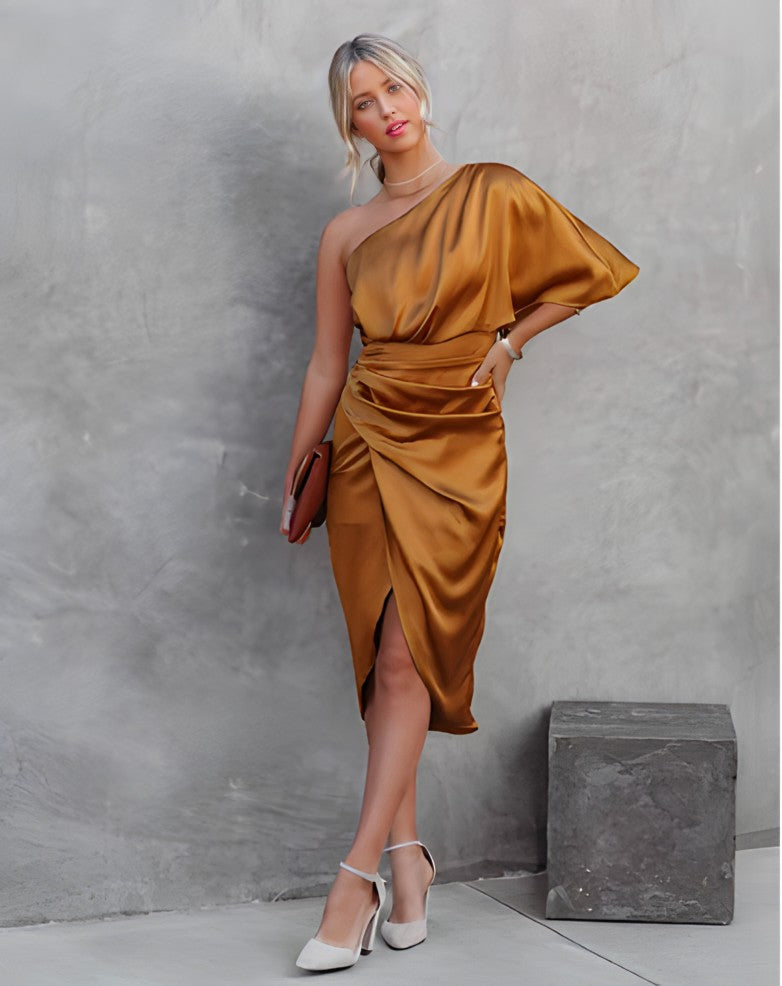 Satin One Shoulder Flutter Sleeve Ruched Wrap Midi Dress - View 17