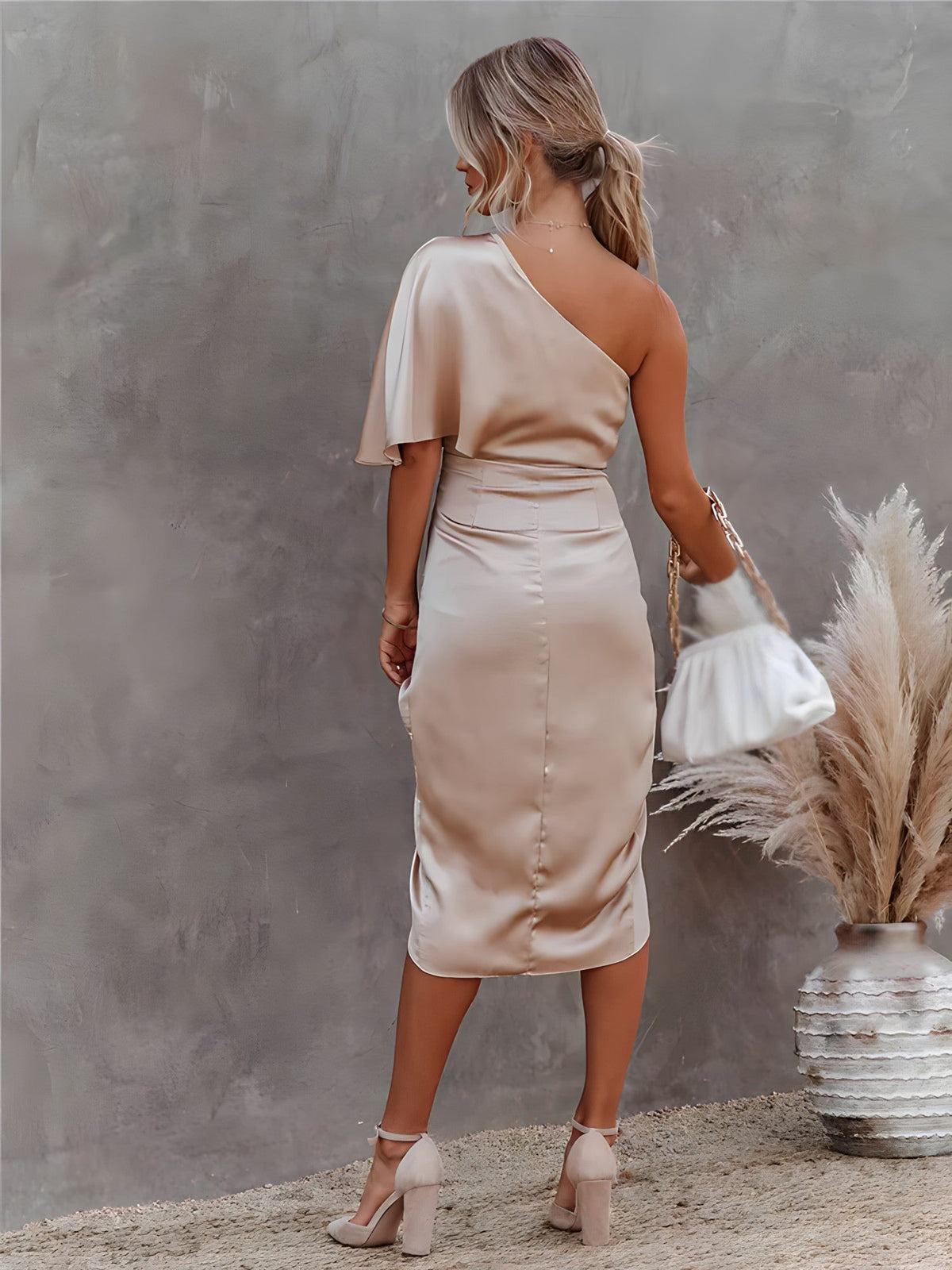 Satin One Shoulder Flutter Sleeve Ruched Wrap High Split Midi Dress - View 12