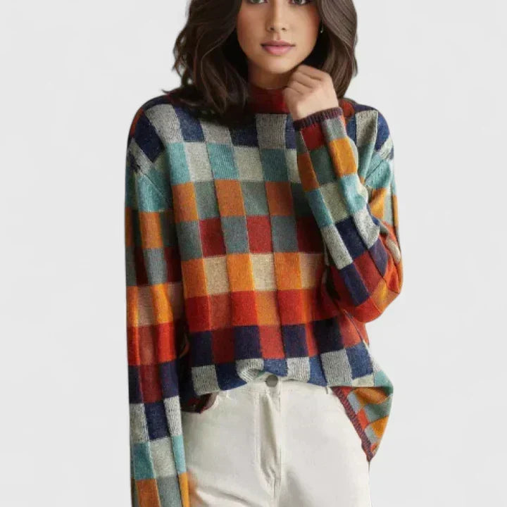 Checkerboard Print Mock Neck Knit Sweater