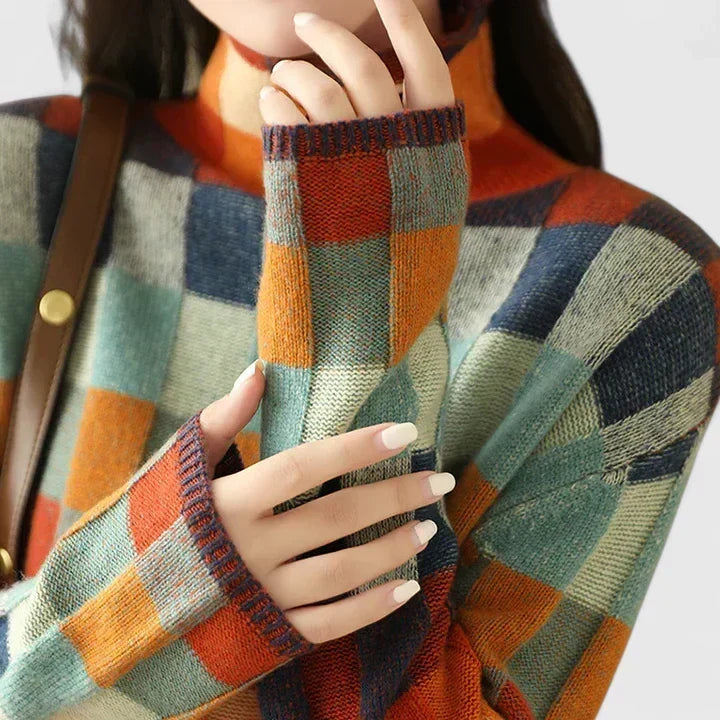 Checkerboard Print Mock Neck Knit Sweater 3