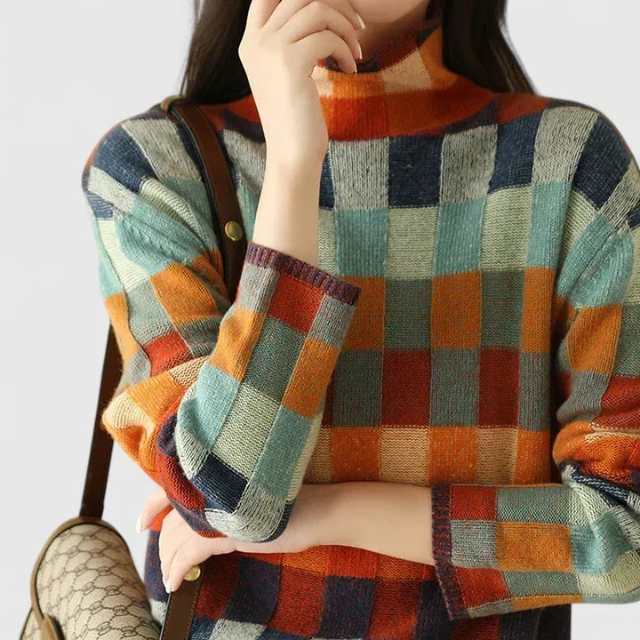 Checkerboard Print Mock Neck Knit Sweater 4