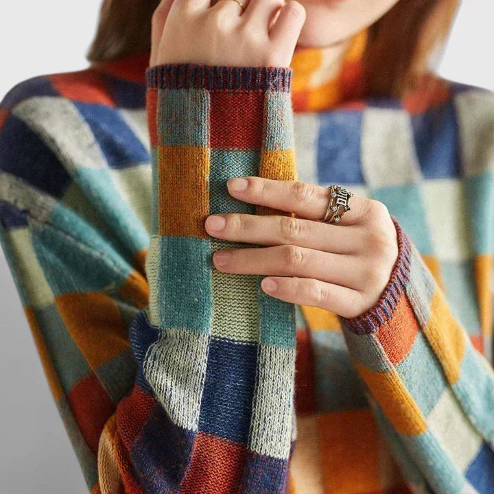 Checkerboard Print Mock Neck Knit Sweater 2