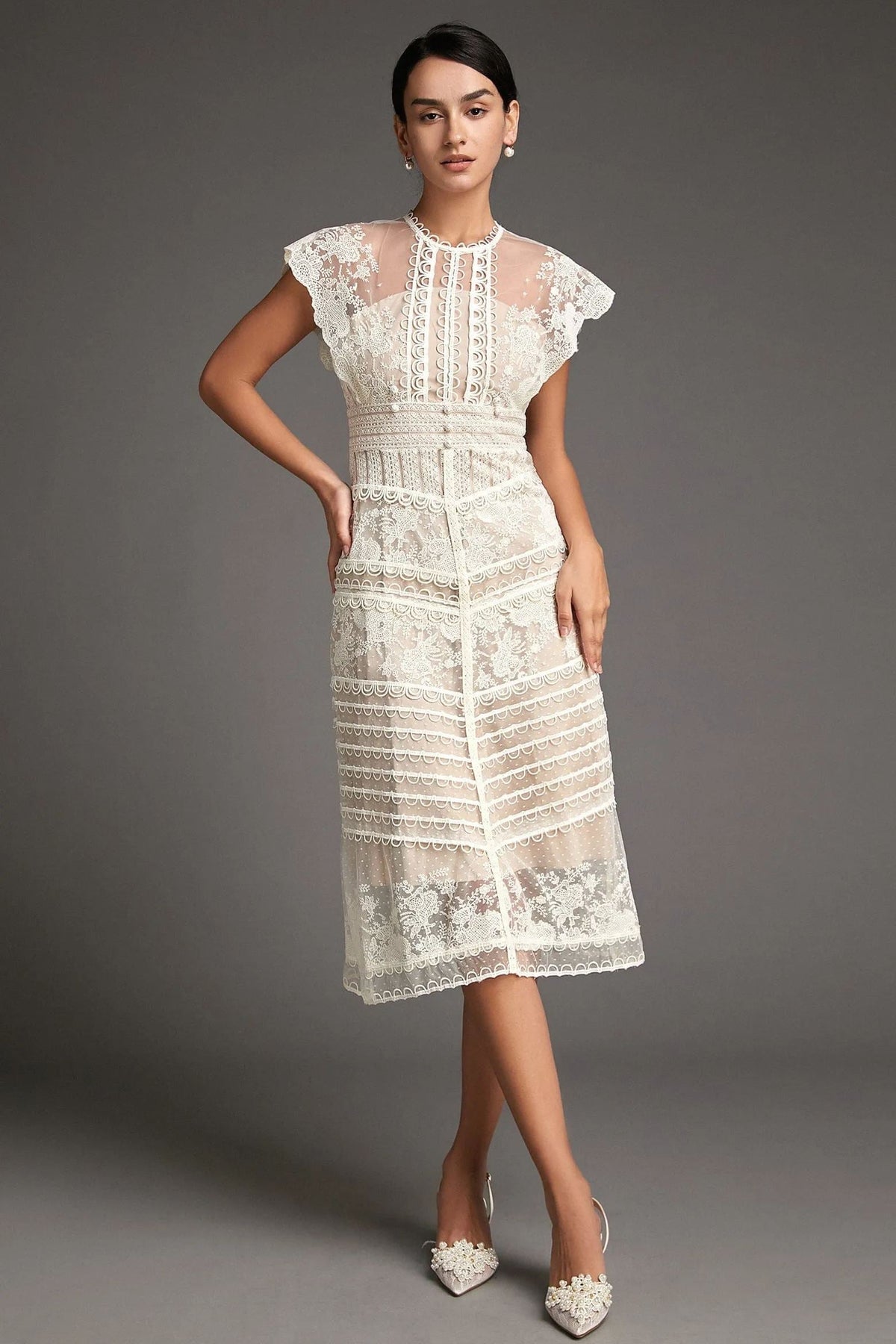 Floral Embroidered Mesh Cap Sleeve Midi Dress