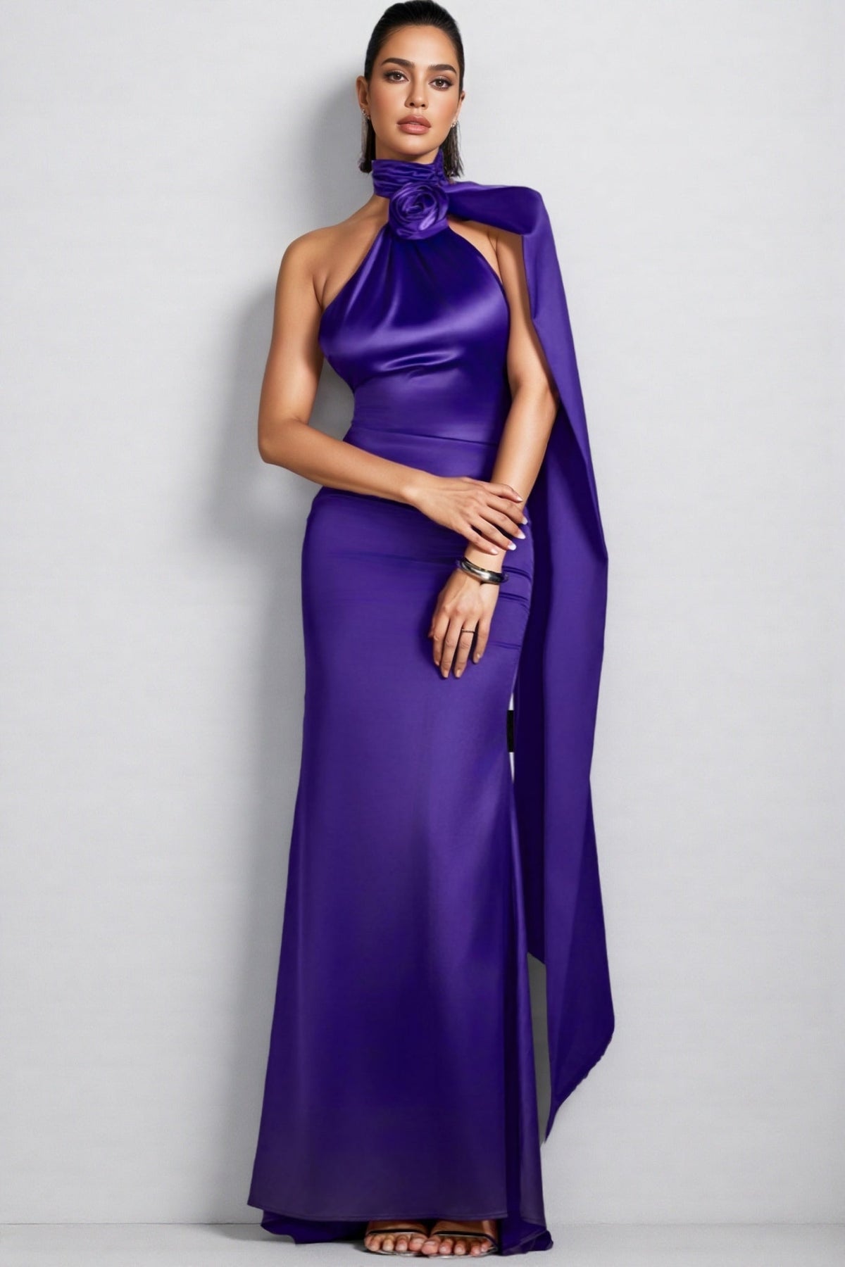 Satin One Shoulder Rosette Applique Draped Maxi Gown - View 6
