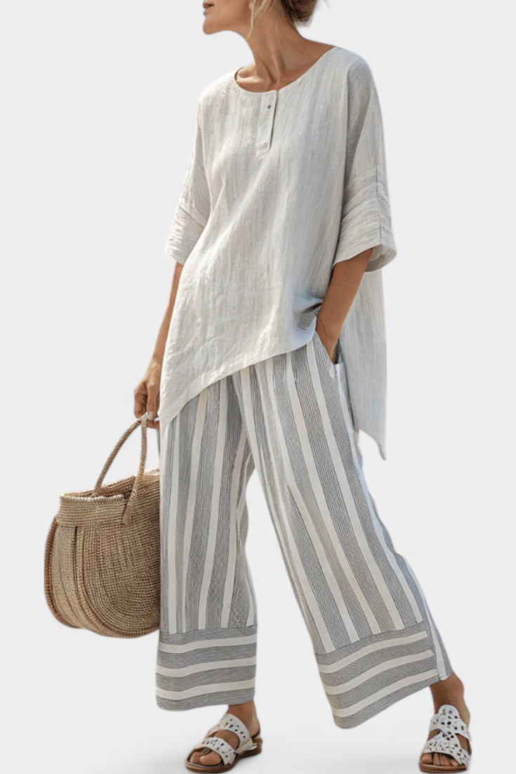 Short Sleeve Asymmetric Hem Top and Striped Wide Leg Pants Two Piece Set 2