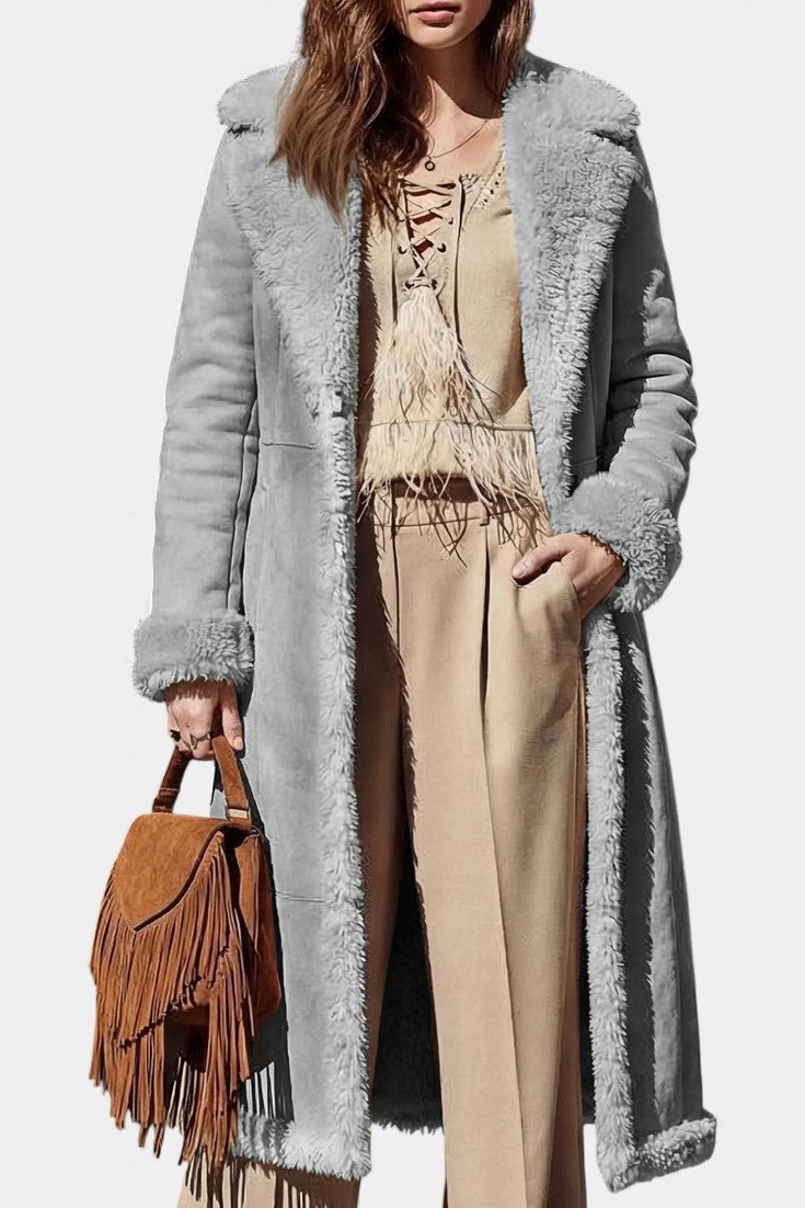 Faux Shearling Lapel Collar Longline Coat 13
