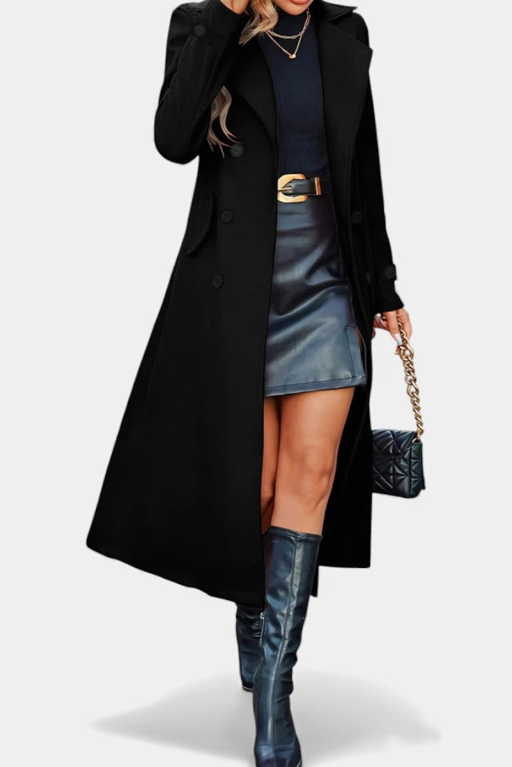 Notched Lapel Double Breasted Belted Longline Coat 11