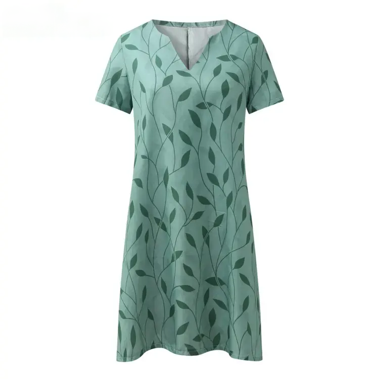 Short Sleeve Notched V-Neck Shift Knee Length Summer Dress - View 2
