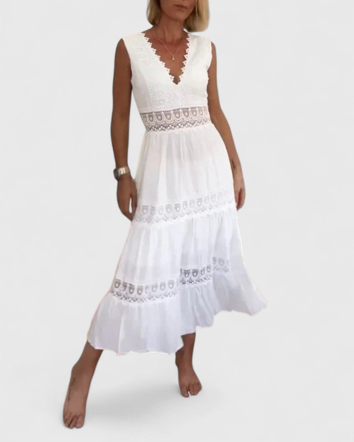 Lace Trim V-Neck Sleeveless Tiered Maxi Dress 3