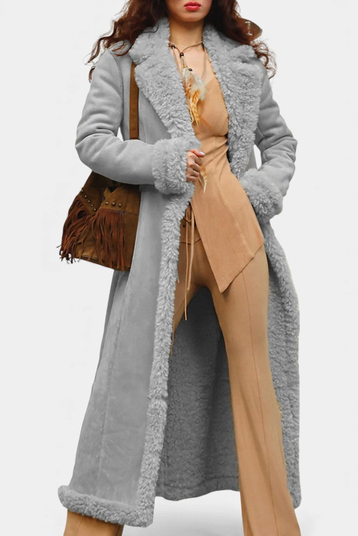 Faux Shearling Lapel Collar Longline Coat 14