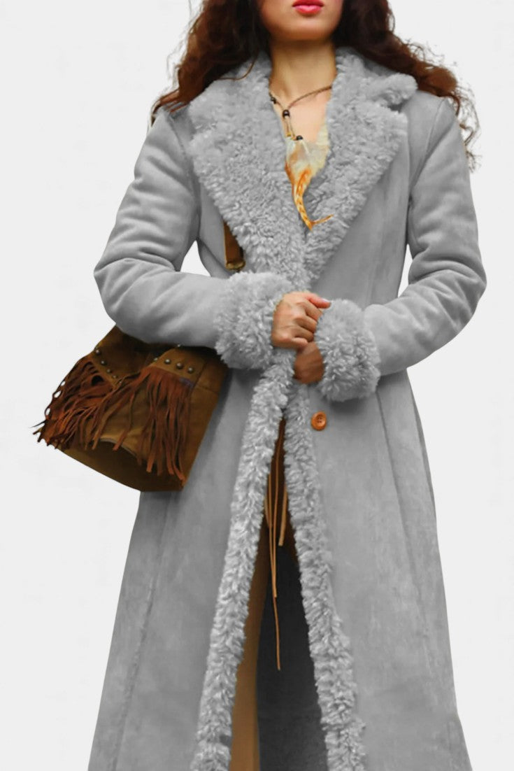 Faux Shearling Lapel Collar Longline Coat 12