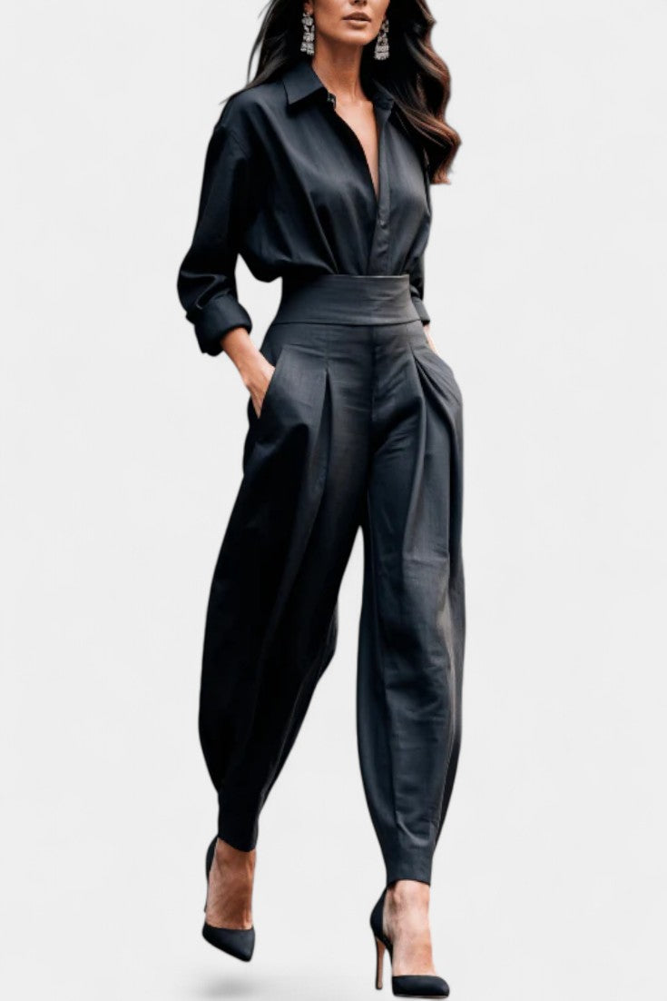 Collared Long Sleeve High Waist Denim Look Jumpsuit 4