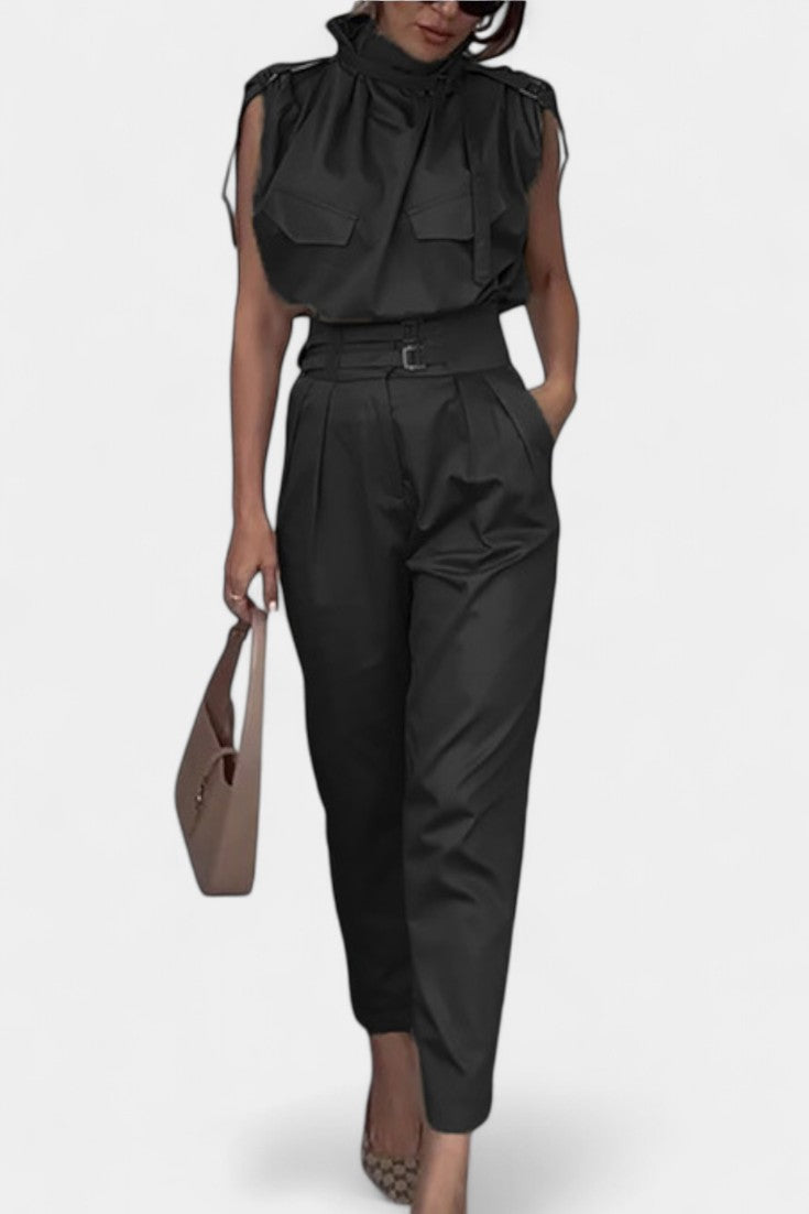 High Neck Sleeveless Top and Belted Tapered Pants Two Piece Set 2
