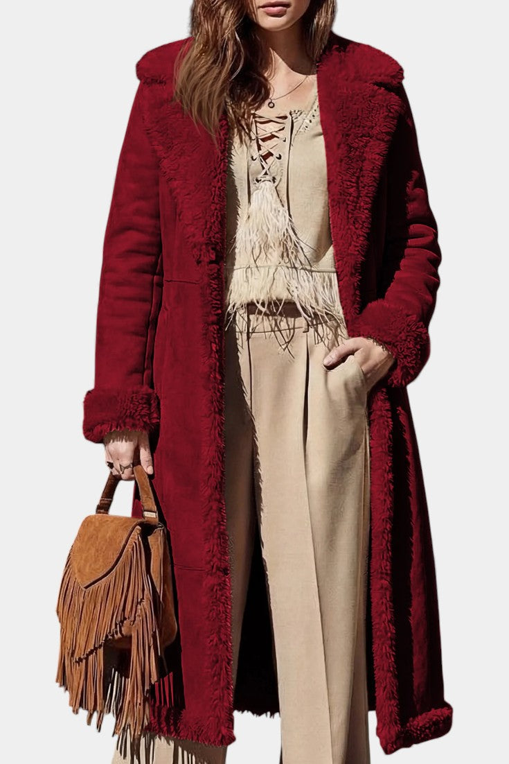 Faux Shearling Lapel Collar Longline Coat 17