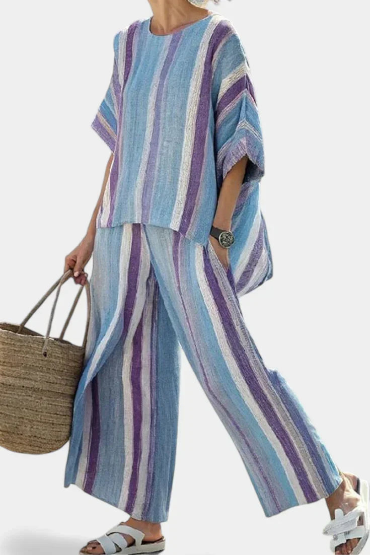 Striped Short Sleeve Top and Wide Leg Pants Two Piece Set 2