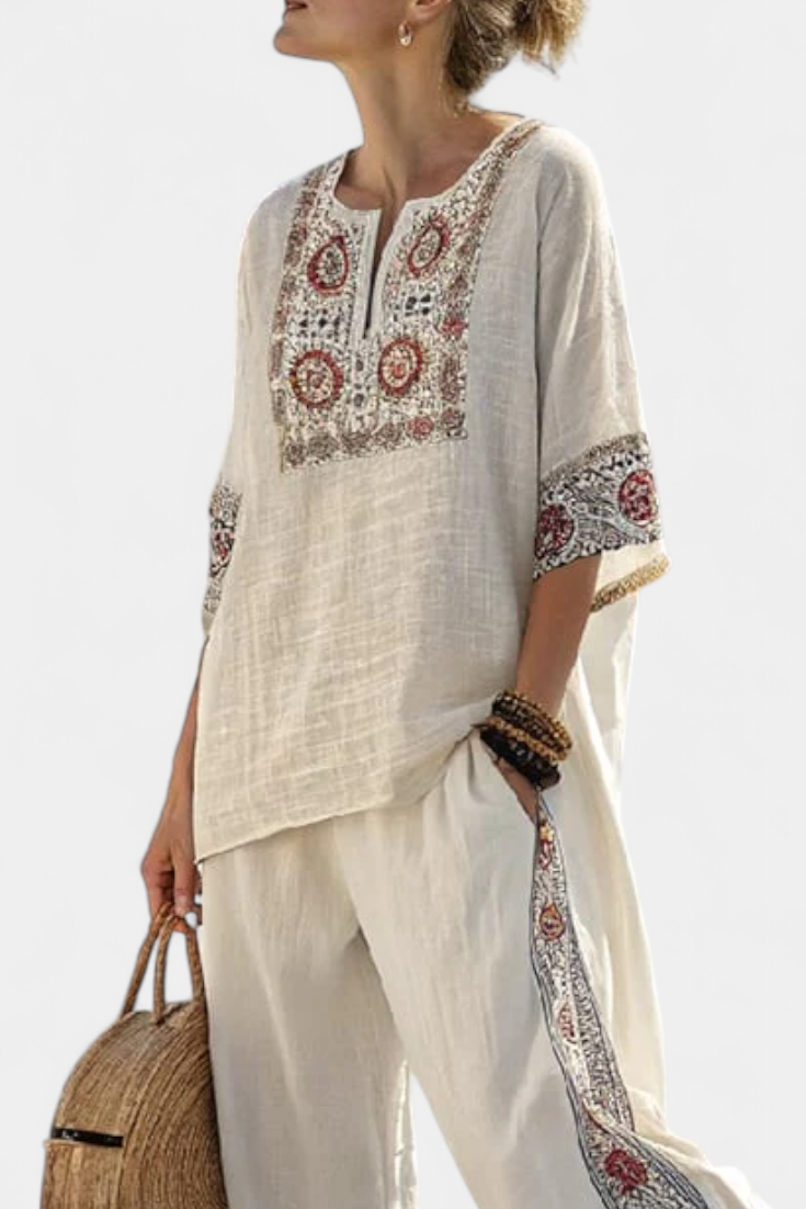 Embroidered Trim V-Neck Tunic Top and Wide Leg Pants Two Piece Set 3