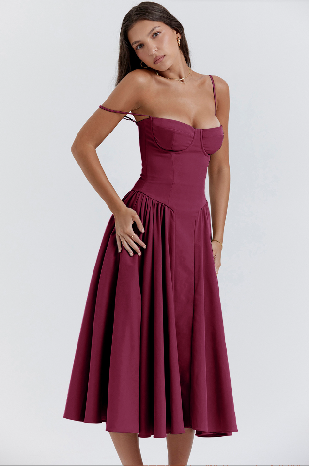 Spaghetti Strap Corset Bodice Pleated Fit and Flare Midi Dress