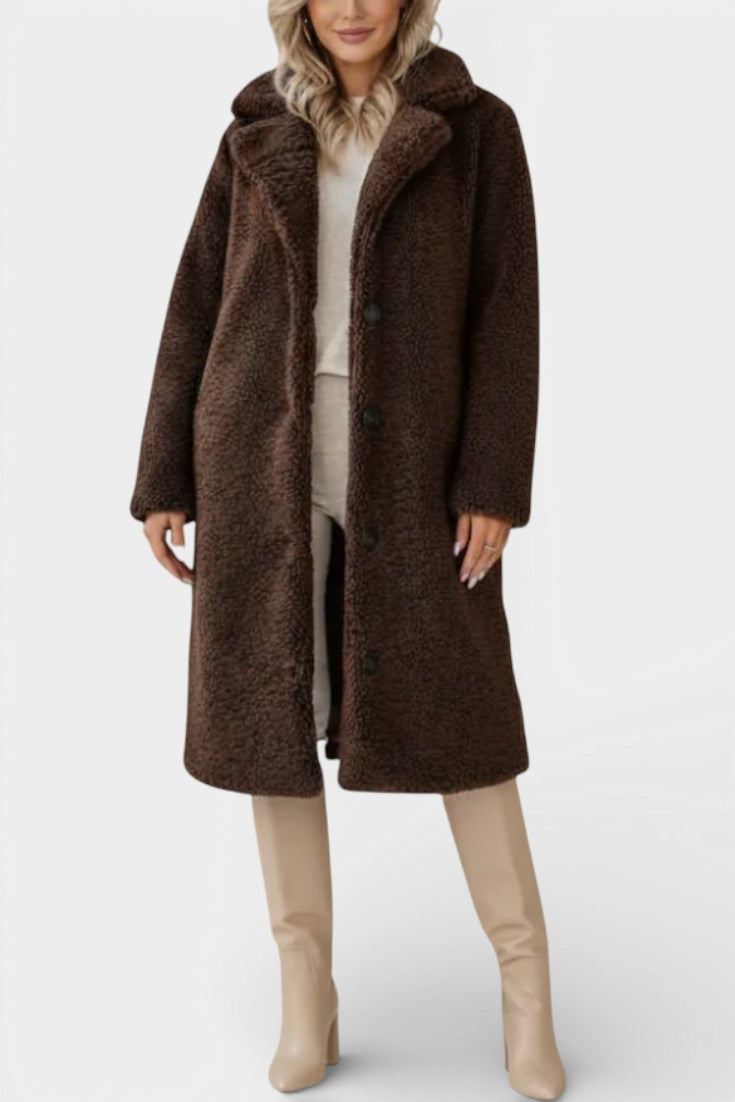Notched Collar Button Front Teddy Longline Coat 2