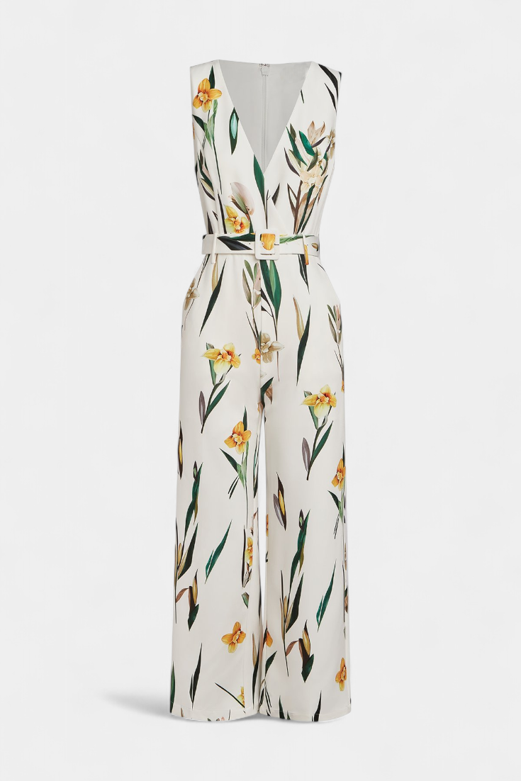Floral Print V-Neck Sleeveless Belted Wide Leg Jumpsuit 4