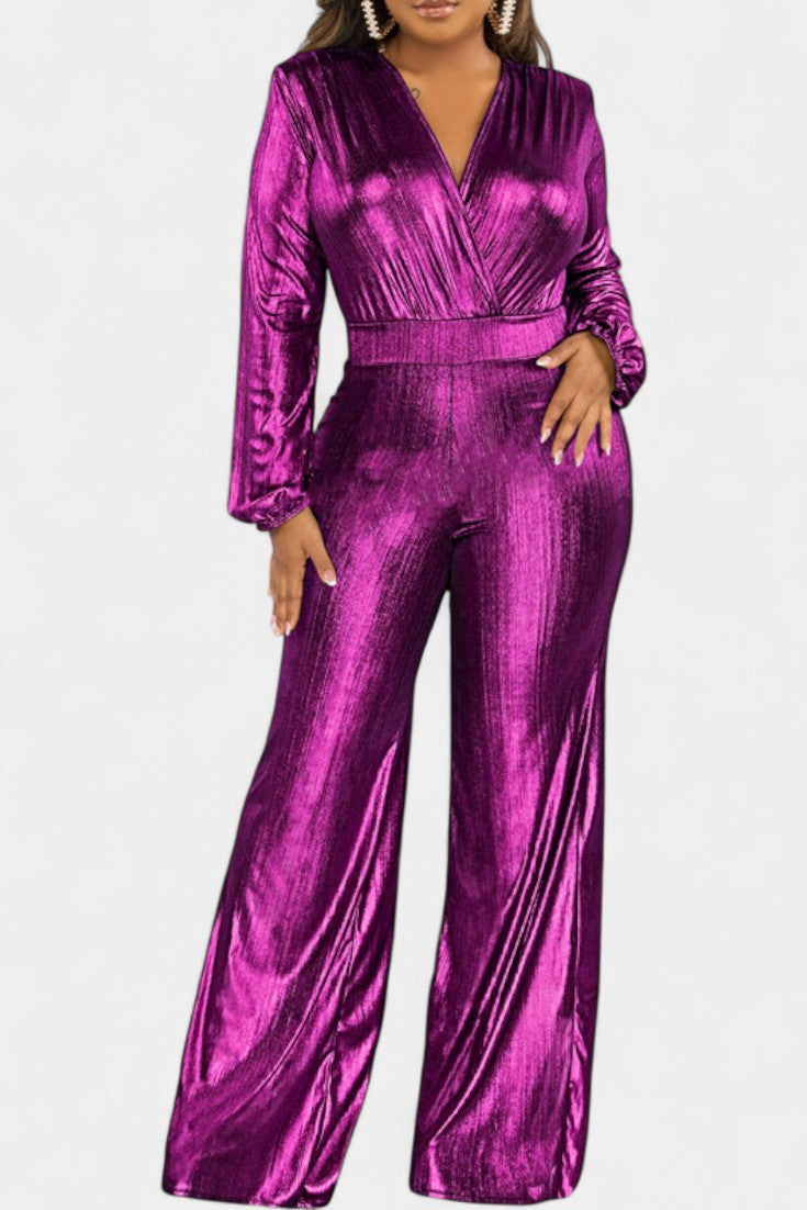 Metallic Wrap V-Neck Long Sleeve Wide Leg Jumpsuit 3