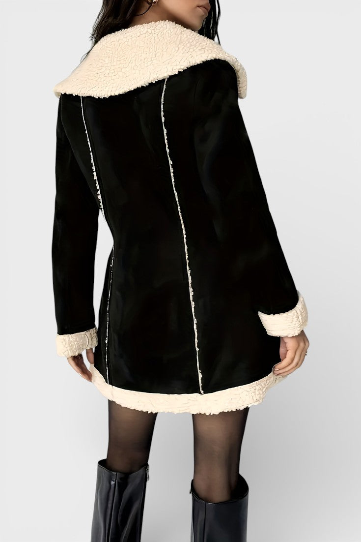 Faux Shearling Collar Zip Front Suede Look Mini Dress 4