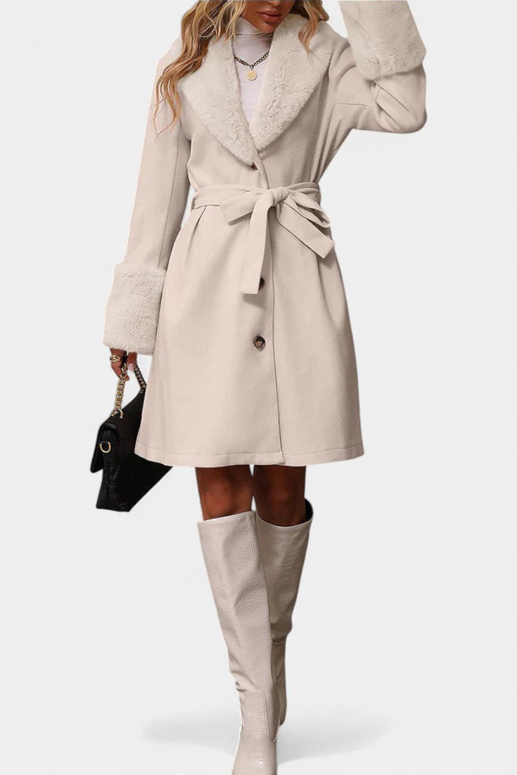 Faux Fur Collar Belted Wool Look Coat
