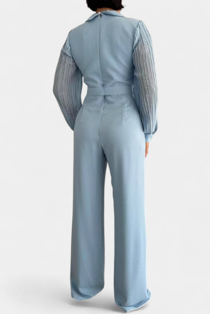 Notch Lapel Pleated Sleeve Belted Wide Leg Jumpsuit 2