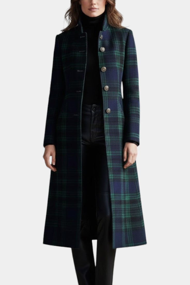 Tartan Plaid Stand Collar Button Front Longline Coat 4