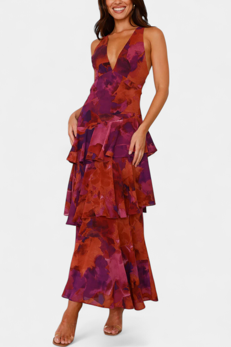 Floral Deep V-Neck Sleeveless Tiered Ruffle Maxi Dress 2