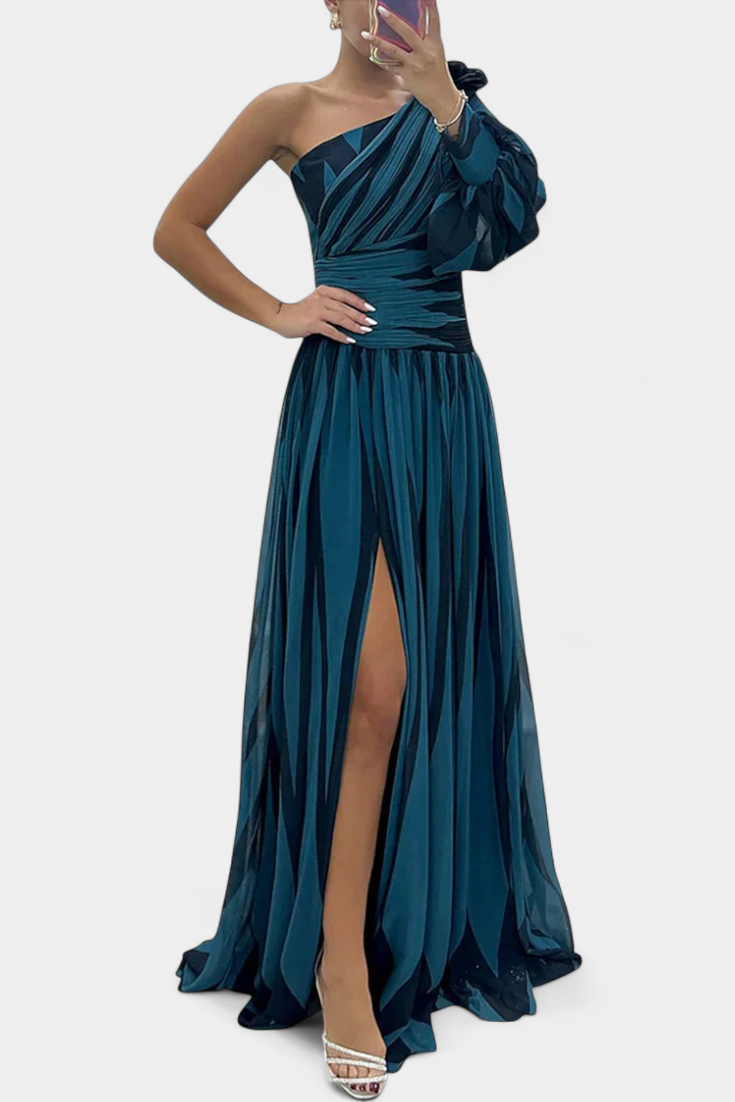 Abstract Print One Shoulder High Split Maxi Gown 5