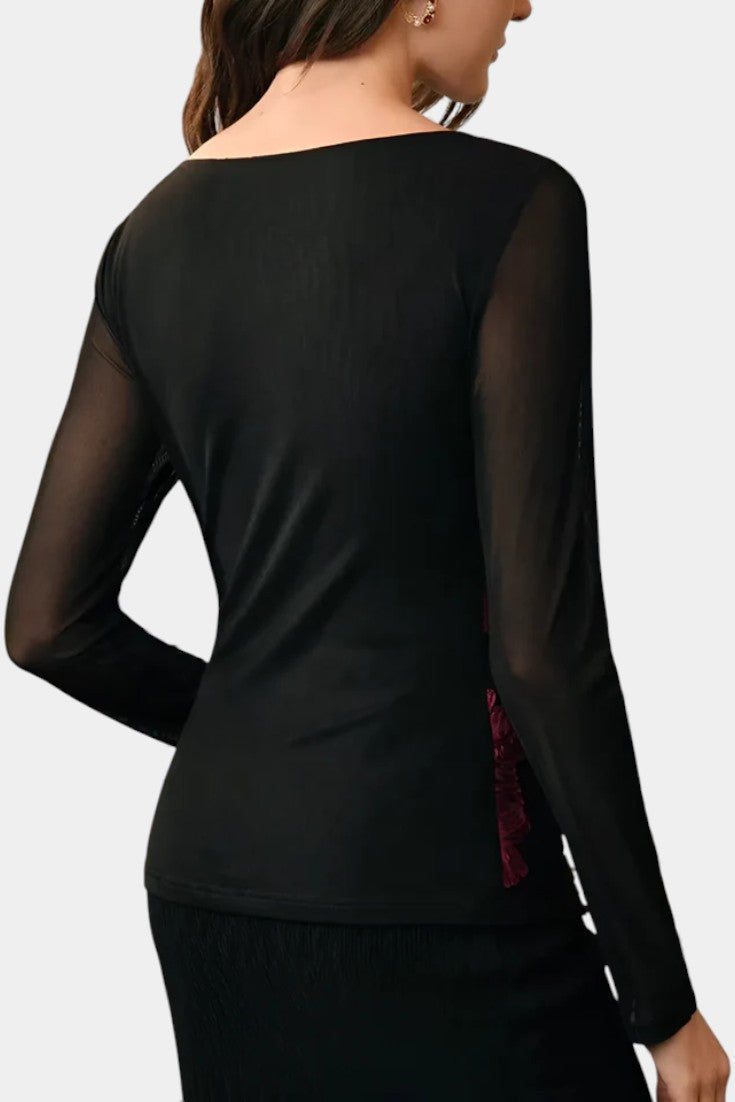 Floral Applique Boat Neck Long Sleeve Mesh Top 5