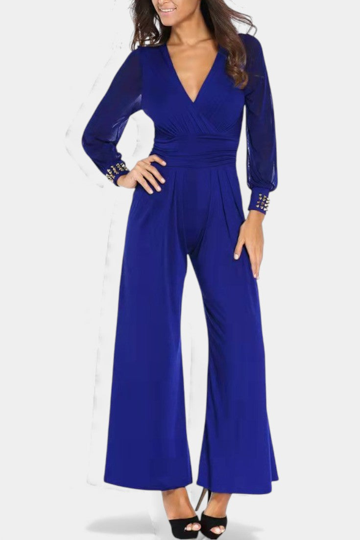 Deep V-Neck Sheer Mesh Sleeve Wide Leg Jumpsuit 3