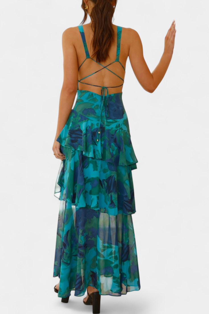 Floral Deep V-Neck Sleeveless Tiered Ruffle Maxi Dress 9
