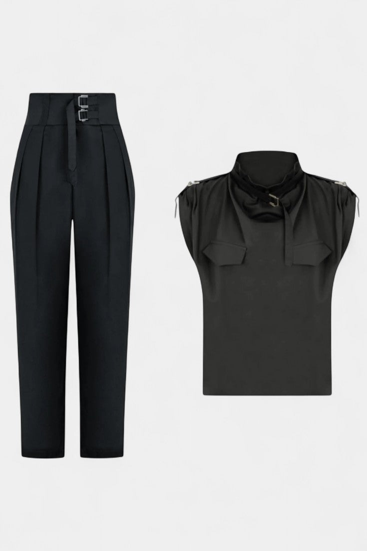High Neck Sleeveless Top and Belted Tapered Pants Two Piece Set 3