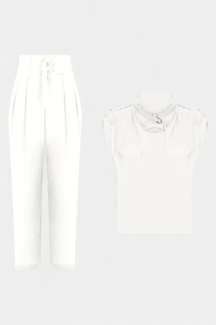 High Neck Sleeveless Top and Belted Tapered Pants Two Piece Set 7