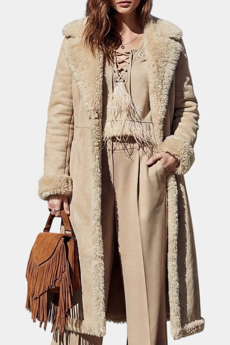 Faux Shearling Lapel Collar Longline Coat 22