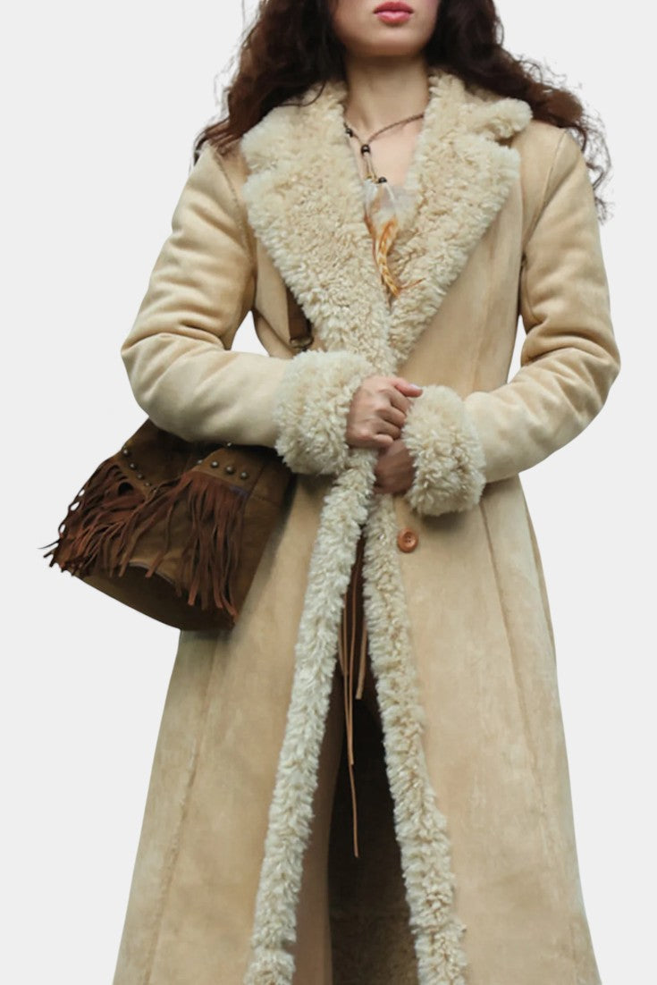 Faux Shearling Lapel Collar Longline Coat 23
