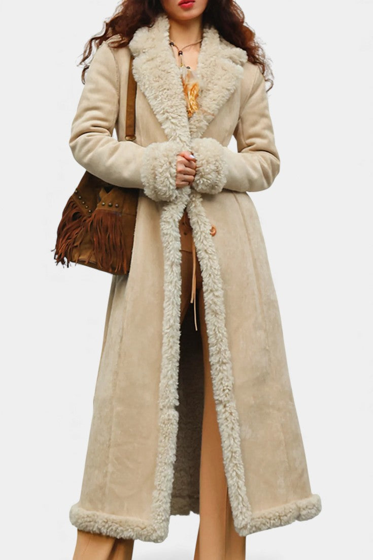 Faux Shearling Lapel Collar Longline Coat 24