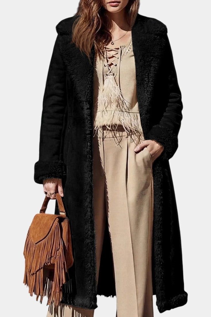 Faux Shearling Lapel Collar Longline Coat 25