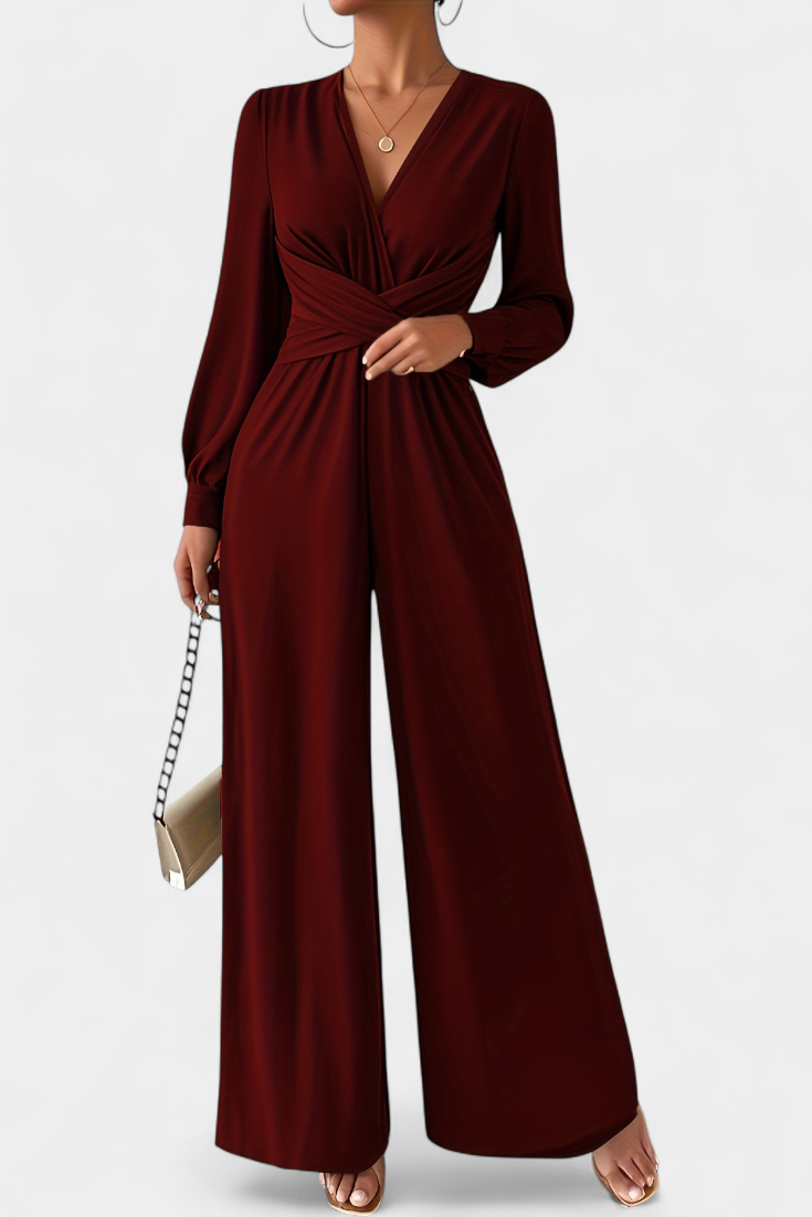 V-Neck Long Sleeve Twist Front Wide Leg Jumpsuit
