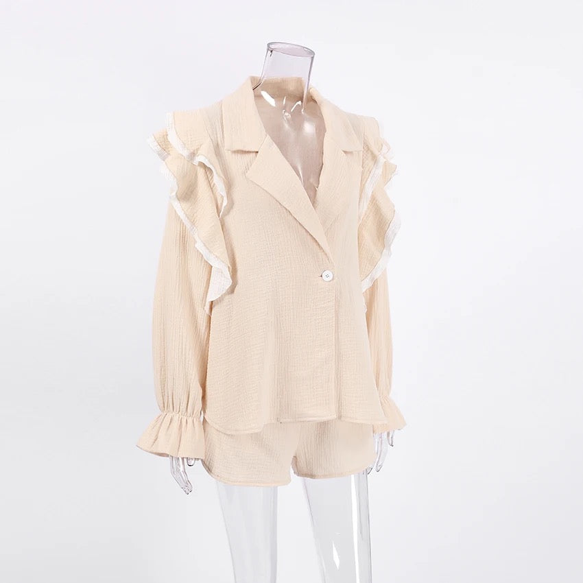 Ruffle Trim Lapel Collar Shirt and Shorts Two Piece Set 6