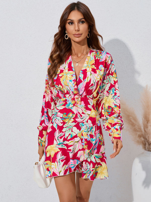 V-Neck And Flare Fit Wrap Flowered